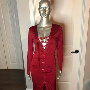 Sexy burgundy red silky bodycon lace up dress